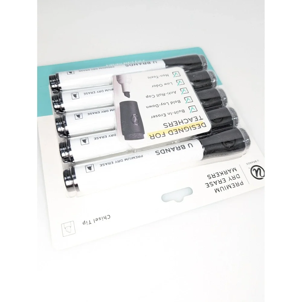 Set of 5 U Brands Chisel Tip Dry Erase Markers Whiteboard Low Odor Black Eraser